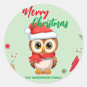Sticker Rond Joyeux Noël Baby Owl Père Noël Scarf vacances