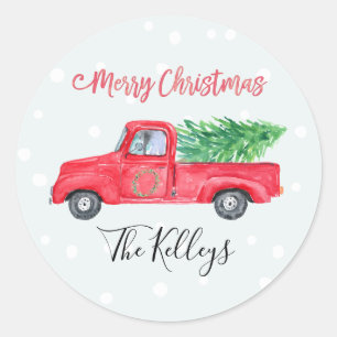 Sticker Rond Joyeux Noël   Balise cadeau de camion rouge Retro