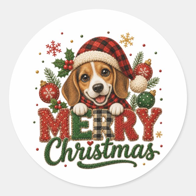 Sticker Rond Joyeux Noël Beagle Mignon (Devant)