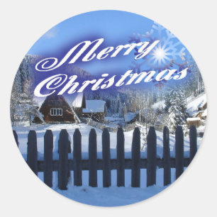 Sticker Rond Joyeux Noël - Beau Cabine en rondins dans la neige