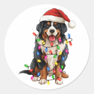 Sticker Rond Joyeux Noël Bernese Mountain Dog Santa Hat