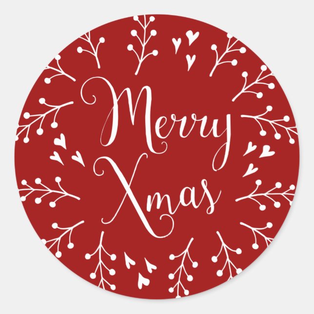 Sticker Rond Joyeux Noël Berries et Coeurs rouges et blancs (Devant)