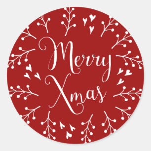 Sticker Rond Joyeux Noël Berries et Coeurs rouges et blancs