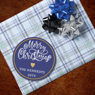 Sticker Rond Joyeux Noël bleu blanc or