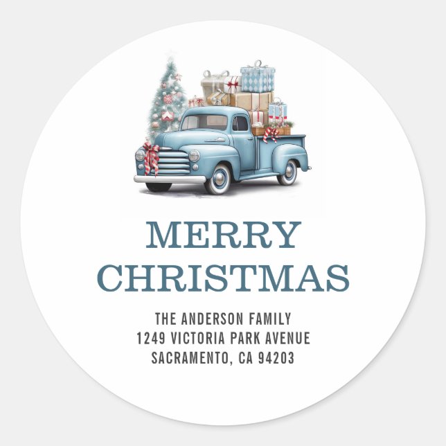 Sticker Rond Joyeux Noël Bleu Camion Famille Adresse de retour (Devant)