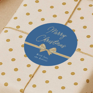 Sticker Rond Joyeux Noël Bleu et crème Ruban manuscrit