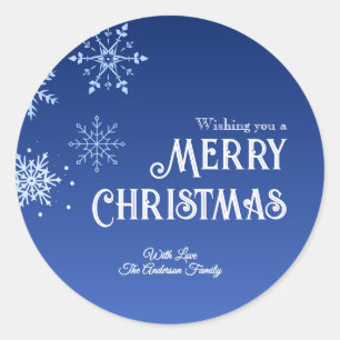 Sticker Rond Joyeux Noël Bleu Moderne Flocon de neige