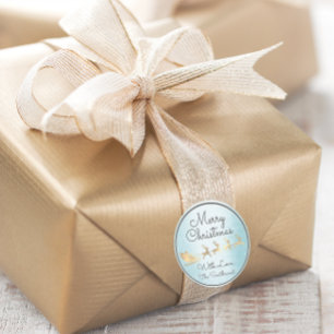 Sticker Rond Joyeux Noël bleu or Père Noël Reindeer en sleight