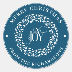 Sticker Rond Joyeux Noël Bleu rond Blanc Holly Wreath Joie