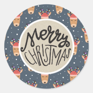 Sticker Rond Joyeux Noël Blue Reindeer Rustic Holiday Favoriser