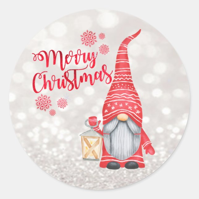 Sticker Rond Joyeux Noël, Bokeh scintillant, Gnome mignon   (Devant)