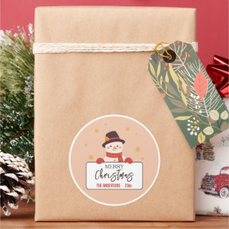 Sticker Rond Joyeux Noël Bonhomme de neige mignon pêche moderne
