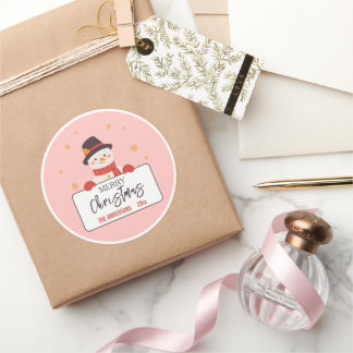 Sticker Rond Joyeux Noël Bonhomme de neige mignon rose moderne 