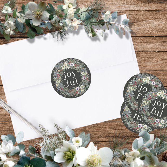 Sticker Rond Joyeux Noël botanique  (Joyful Botanical Christmas Classic Round Sticker by Ricaso.  Ideal for holiday mailings and gifts)