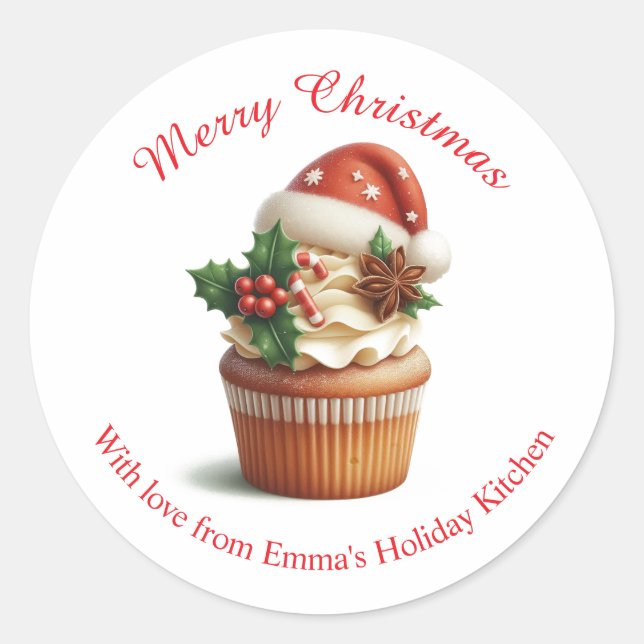 Sticker Rond Joyeux Noël Boulangerie Cupcake Personnaliser Stic (Devant)