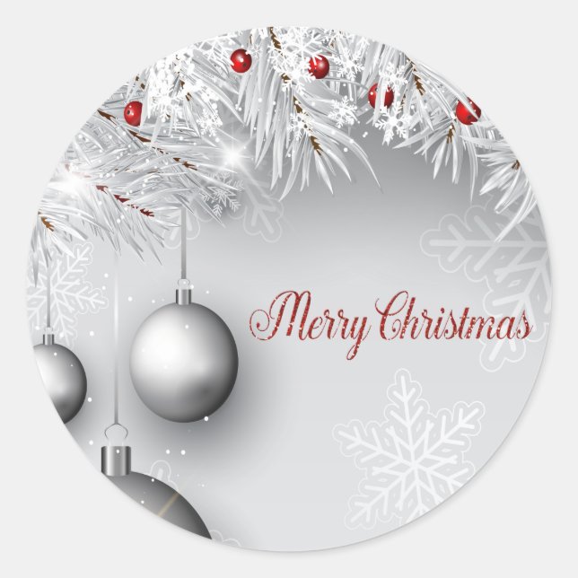 Sticker Rond Joyeux Noël, boules argentées, branches,flocons de (Devant)