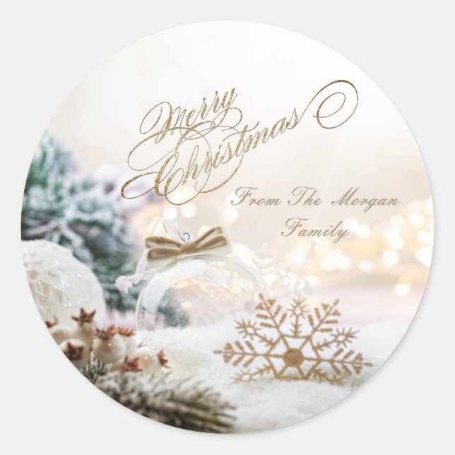 Sticker Rond Joyeux Noël Boules Blanches Flocons de neige  (Devant)