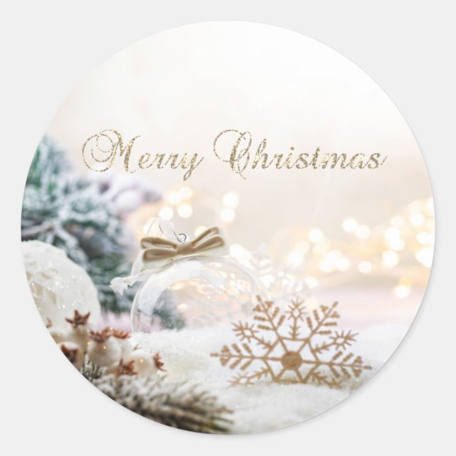 Sticker Rond Joyeux Noël, boules de Noël, flocons d'or (Devant)