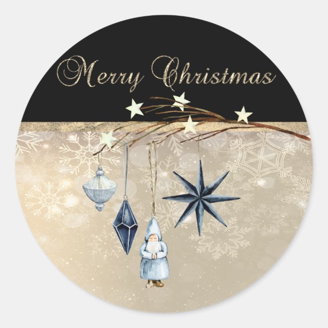 Sticker Rond Joyeux Noël, boules sur les branches, Père Noël (Devant)