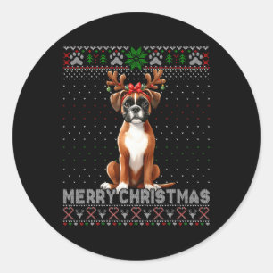 Sticker Rond Joyeux Noël Boxer Reindeer Amoureux de les chiens 