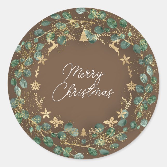 Sticker Rond Joyeux Noël Brown Green Wreath Woodland (Devant)
