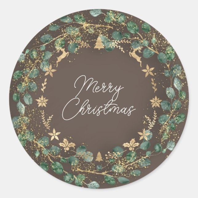 Sticker Rond Joyeux Noël Brown Green Wreath Woodland Gold (Devant)