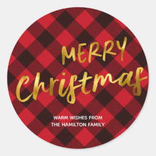 Sticker Rond Joyeux Noël Buffalo carreaux et écriture feuille d