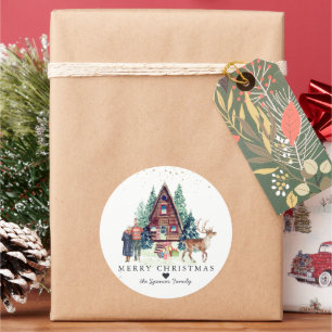 Sticker Rond Joyeux Noël   Cabane rustique de la forêt d'hiver