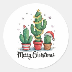 Sticker Rond Joyeux Noël Cactus Arbre Festif Lumières de Noël