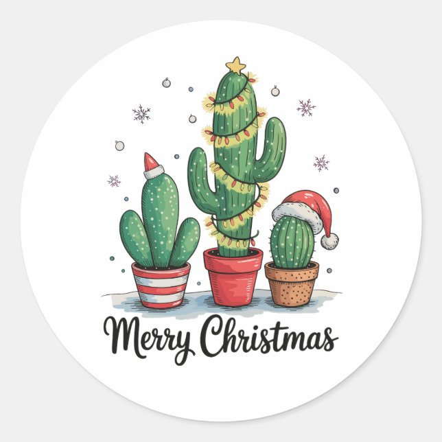 Sticker Rond Joyeux Noël Cactus Arbre Festif Lumières de Noël (Devant)