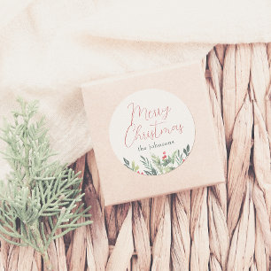 Sticker Rond Joyeux Noël Calligraphie & Nom de famille Green en