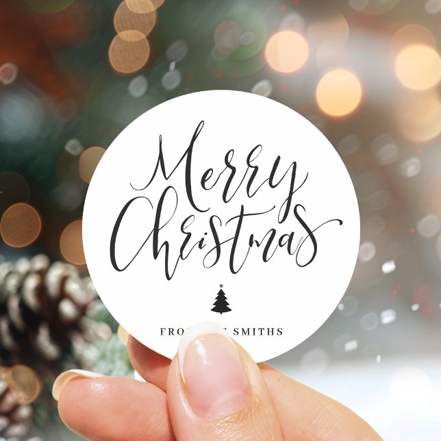 Sticker Rond Joyeux Noël calligraphié simple noir (Black Simple Calligraphy Merry Christmas Classic Round Sticker)