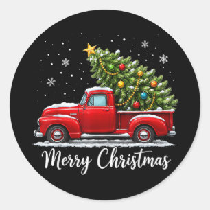 Sticker Rond Joyeux Noël camion rouge arbre hommes femmes