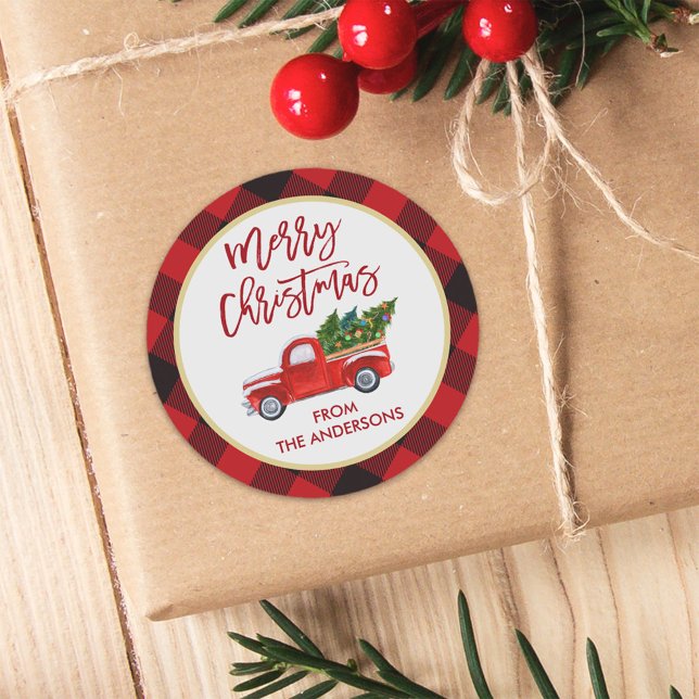 Sticker Rond Joyeux Noël Camion Rouge Plaid Buffalo (Créateur téléchargé)
