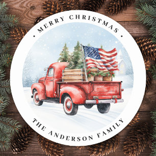 Sticker Rond Joyeux Noël Camion Rouge Vintage Drapeau Patriotiq