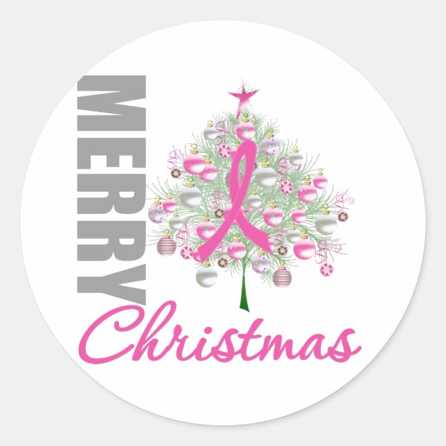 Sticker Rond Joyeux Noël Cancer du Sein Pink Ribbon Wreath (Devant)