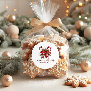 Sticker Rond Joyeux Noël Canne à Sucre Décorée de Noël