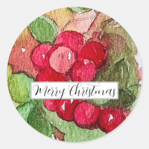 Sticker Rond Joyeux Noël Canneberges Aquarelle de Fruits