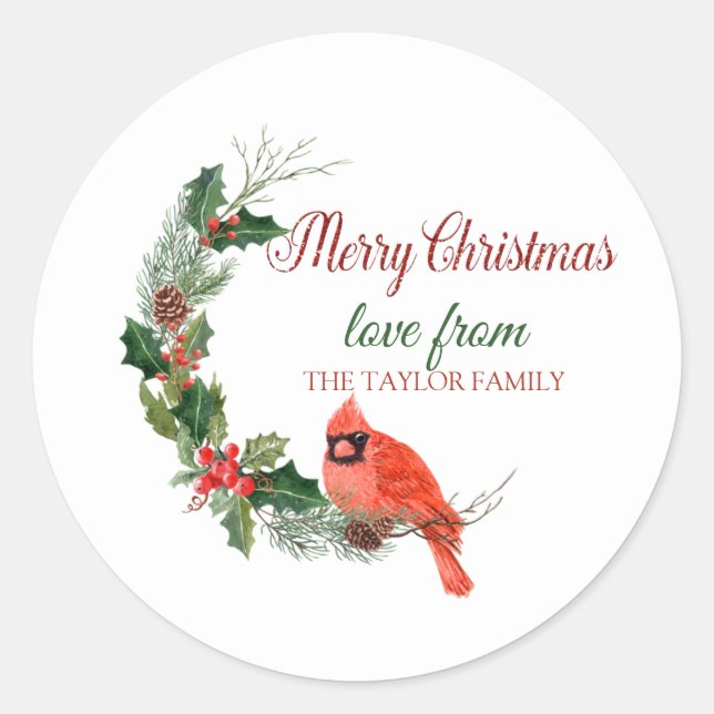 Sticker Rond Joyeux Noël, Cardinal rouge Baie de houx (Devant)