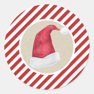 Sticker Rond Joyeux Noël Chapeau de Père Noël Kraft Rayures Rou