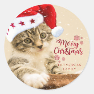 Sticker Rond Joyeux Noël, Chat avec chapeau de Père Noël