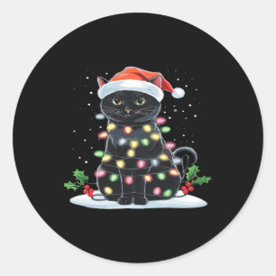 Sticker Rond Joyeux Noël Chat Drôle Chapeau de Père Noël Sapin