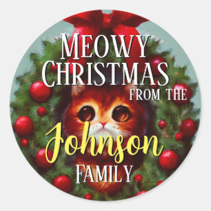 Sticker Rond Joyeux Noël Chat Mignon, Nom Personnalisé