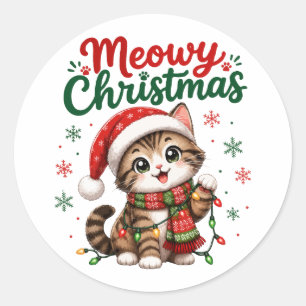 Sticker Rond Joyeux Noël Chat Mignon Vacances