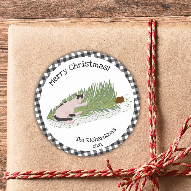 Sticker Rond Joyeux Noël Chat noir & blanc En vichy (Créateur téléchargé)