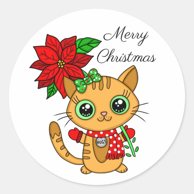 Sticker Rond Joyeux Noël | Chat orange avec Poinsettia (Devant)