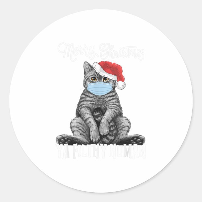 Sticker Rond Joyeux Noël Chat visage Masque Kitten Père Noël (Devant)