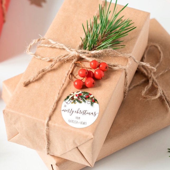 Sticker Rond Joyeux Noël chic floral vert vert pin rouge floral (Créateur téléchargé)