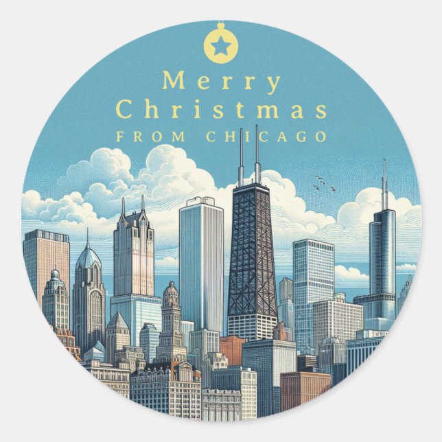 Sticker Rond Joyeux Noël Chicago Skyline Holiday (Devant)