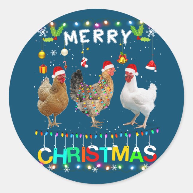 Sticker Rond Joyeux Noël Chicken Chemise Santa Hat Lumières Xma (Devant)